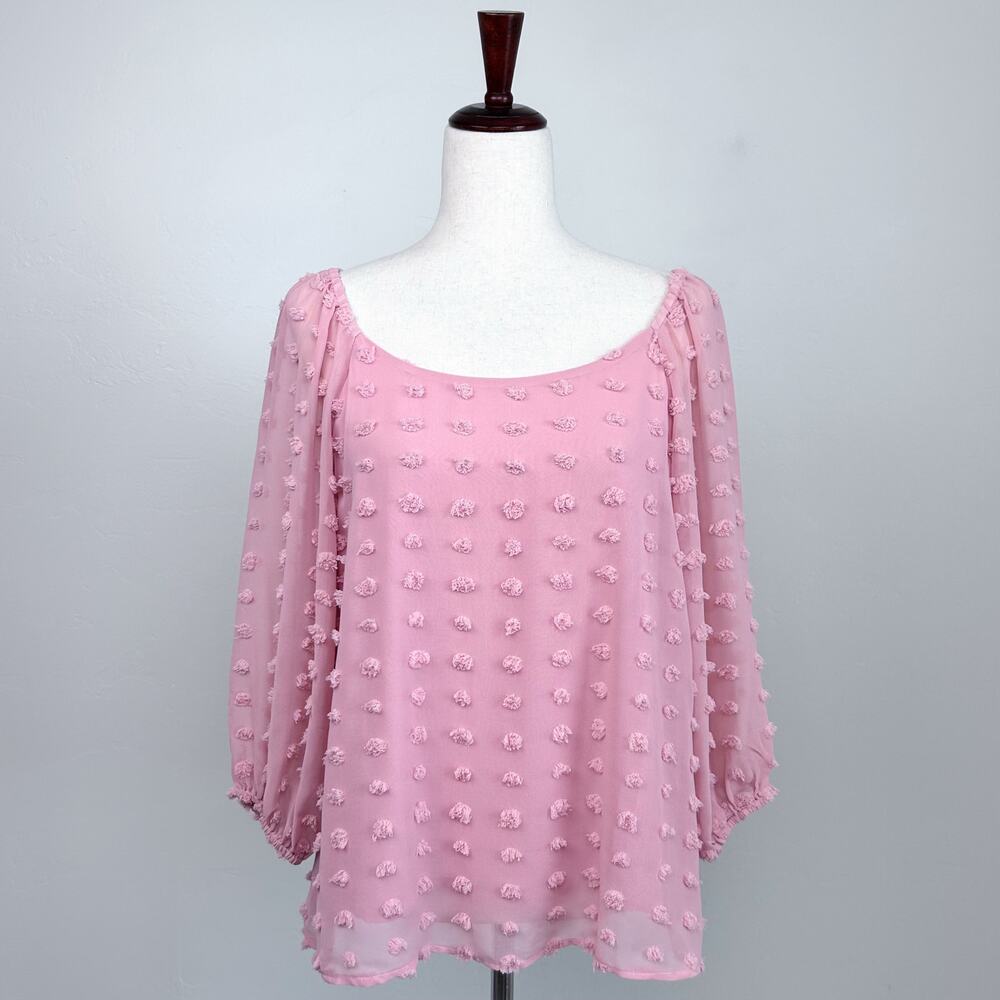 Francesca's Mi Ami MEDIUM Light Pink Chiffon Dot Scoop Neck Flowy Blouse NWT